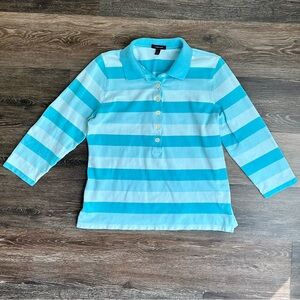 Lands' End Teal Blue Striped 3/4 Sleeve Polo Shirt - Women’s Size Large